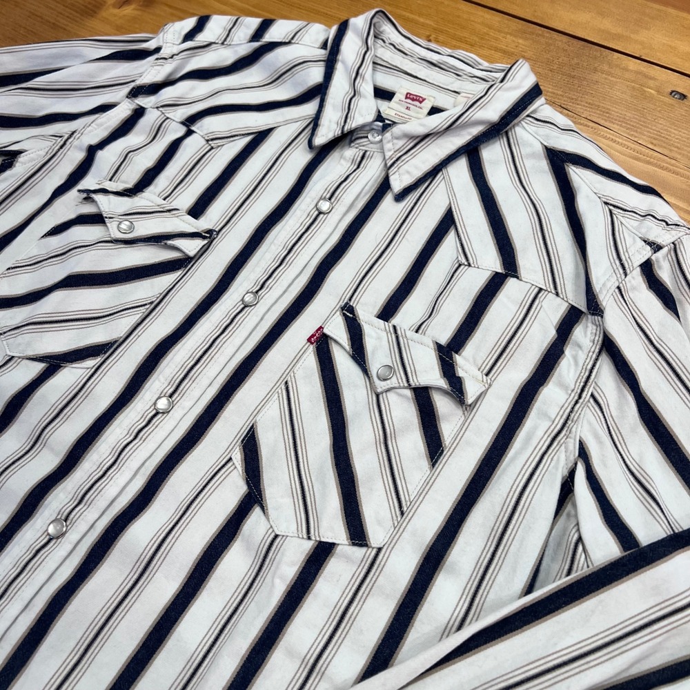 Levi's Western Cowboy Shirt Men XL Pearl Snap Pearlized Buttons Striped Blue A6 - Picture 1 of 8